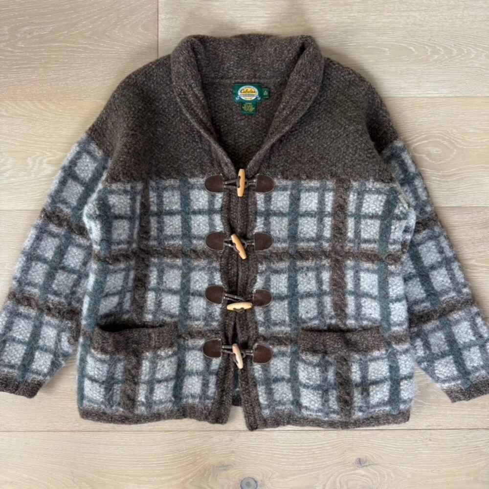 Vintage Cabela's 100% Wool Chunky Plaid Toggle Cardigan